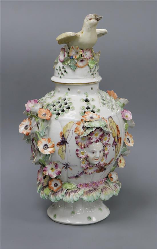 A Derby frill vase and cover, c.1760, h. 28.5cm, losses to flowers and leaves, repairs to bird